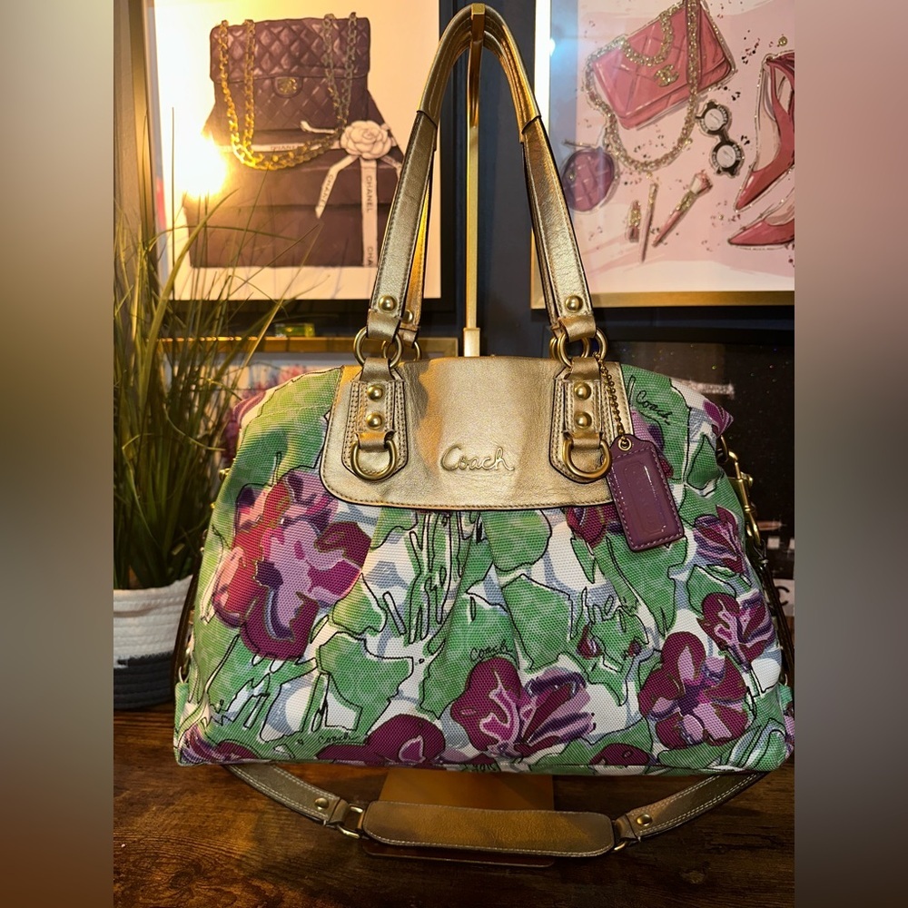 🌸 Coach Ashley Floral Art Print Satchel F16259 – Gold Leather Trim (2011)